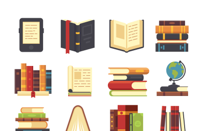 Flat book icons. Library books, open dictionary and encyclopedia on st