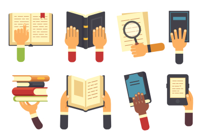 Hands with books. Holding book in hand, reading ebook and reader learn