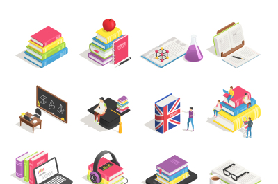 Isometric college education icon. School blackboard, students briefcas