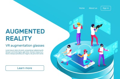 Isometric 3d people learning and working at augmented reality headset 