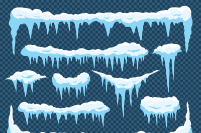 Cartoon snow icicles. Icicle ice with snowcap on top. Winter snowing b