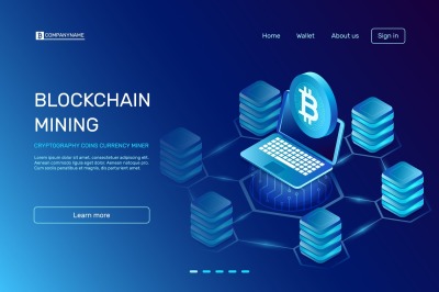 Blockchain mining. Cryptography coins currency miner on laptop connect