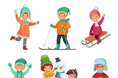 Cartoon winter kids. Children play in winters holiday, sledding and ma