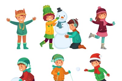 Happy kids winter activities. Children playing with snow. Cartoon kid 