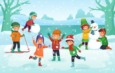 Winter fun for kids. Happy cute children playing outdoors in winters h