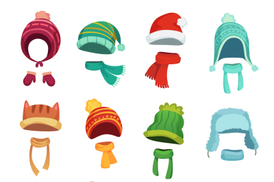 Winter kids hat. Warm childrens hats and scarves. Headwear and accesso