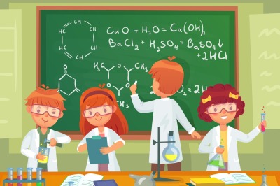 School kids study chemistry. Children pupils studying science and writ