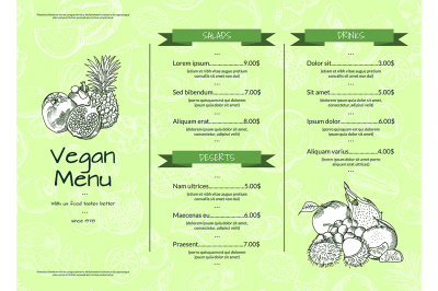 Vector horizontal one page doodle handdrawn fruits and vegetables 