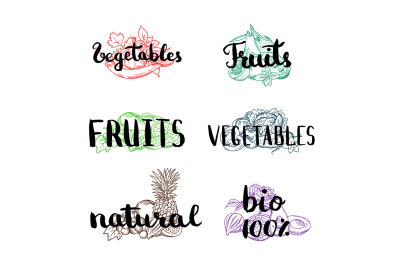 Vector doodle handdrawn colored piles of fruits and vegetables