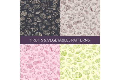 Vector handsketched fruits and vegetables vegan, healthy food, organic