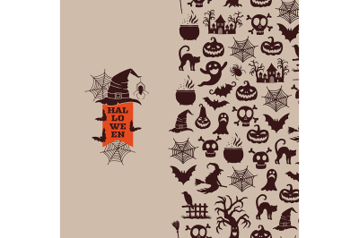 Vector halloween with witches, pumpkins, ghosts, spiders silhouettes