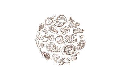 Vector sketched vegetables and fruits set in rounded shape 