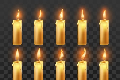 Candle fire animation. Burning orange wax candles, candlelight flame a