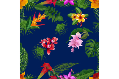 Vector tropical palm leaves and exotic flower elements pattern
