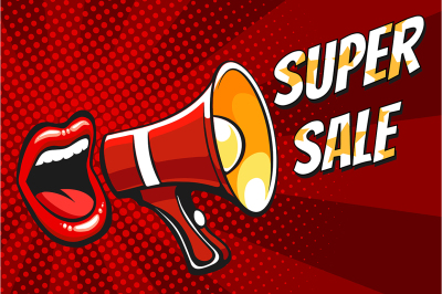 Super Sale Banner with Open Mouth and Megaphone in Pop Art style