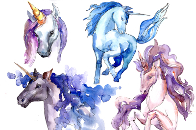 Magic blue and pink unicorns PNG watercolor set