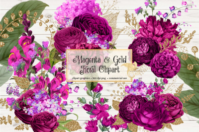 Magenta and Gold Floral Clipart