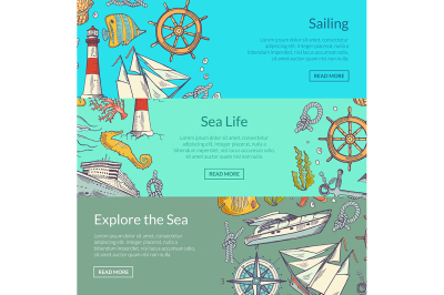 Vector sketched sea horizontal banner templates