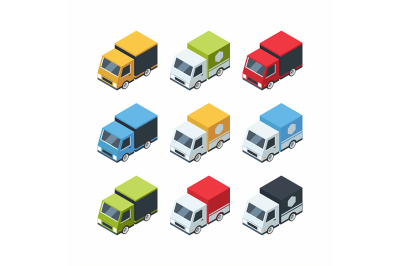 Set of isometric cartoon-style cargo cars