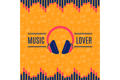 Vector music lover headphones illustration on musical notes background