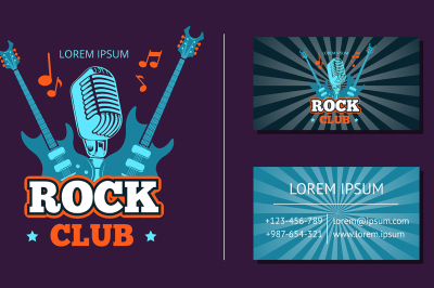 Vector vintage rock music club logo, emblem, badge and business card 