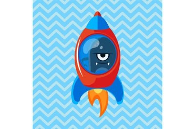 Angry alien in rocket. Cartoon vector illustration. Ufo. Space theme