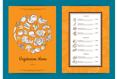 Vector doodle handdrawn fruits and vegetables vegan food menu template