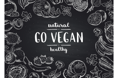 Vector go vegan blackboard background with doodle handdrawn fruits 