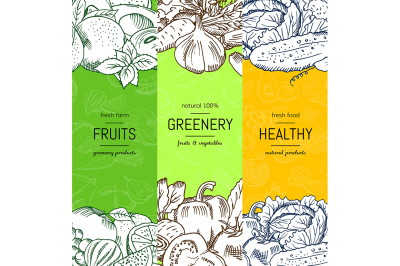 Vector vegan, healthy, organic banner set with doodle sketched fruits 