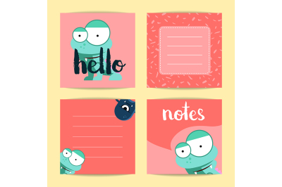 Vector square note cards with lettering and cute cartoon monsters 