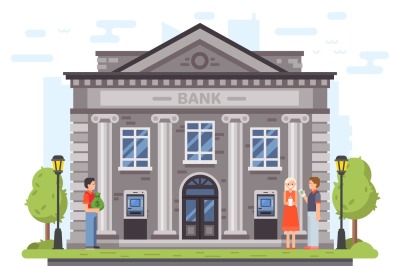 Banking operations. Bank building facade with columns. People carry mo