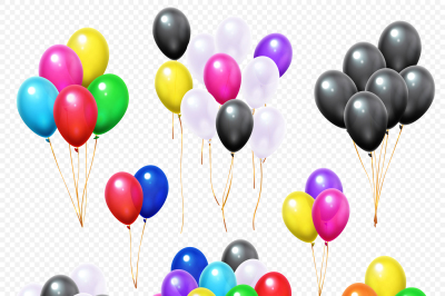 Realistic balloons bunches. Flying colorful party helium balloon bunch