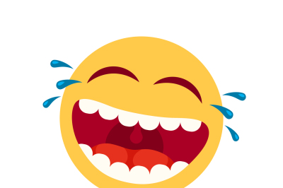 Laughing smiley emoticon. Cartoon happy face with laughing mouth and t