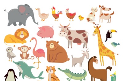 Cartoon animals. Cute elephant and lion&2C; giraffe and crocodile&2C; cow an