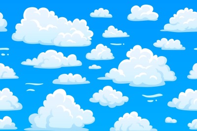 Cartoon blue cloudy sky. Horizontal seamless pattern with white fluffy