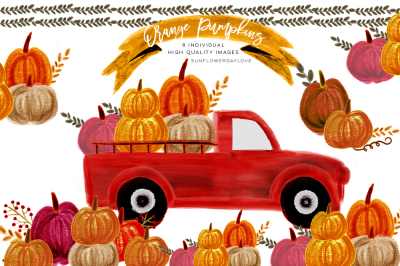 Pumpkin Truck Watercolor Fall clipart, thanksgiving 