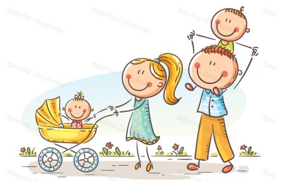 Happy cartoon family with two children walking outdoors