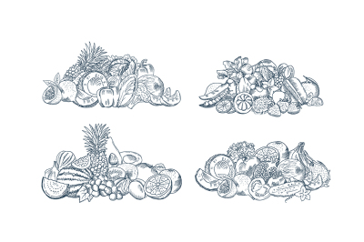 Vector hand sketched fruits and vegetables piles set