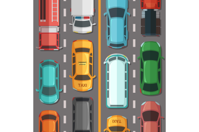 Vector highway road with cars and vehicles top view illustration