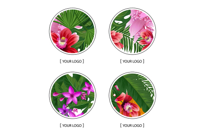 Vector tropical palm leaves and exotic flower elements round 