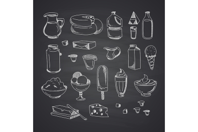 Vector milk or dairy products set hand drawn