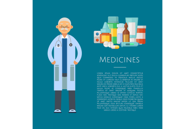 Vector illustration with medical doctor character and pile of medicine