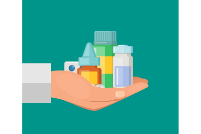 Vector cartoon hand pile of medicines