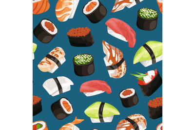 Vector cartoon sushi types pattern