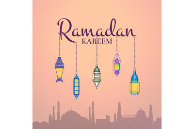 Vector Ramadan illustration with lanterns hanging on Ramadan