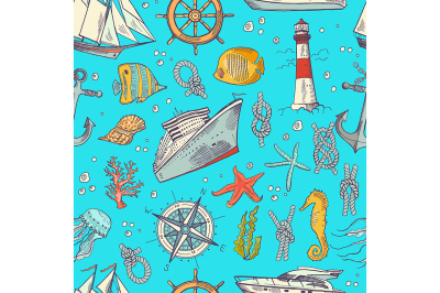 Vector colored sketched sea elements pattern or background