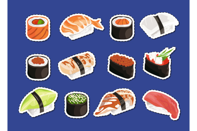 Vector cartoon sushi stickers set isolated