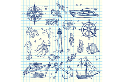 Vector sketched sea elements on notebook cell sheet