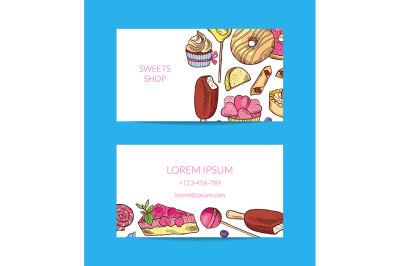 Vector hand drawn sweets or pastry shop business card template