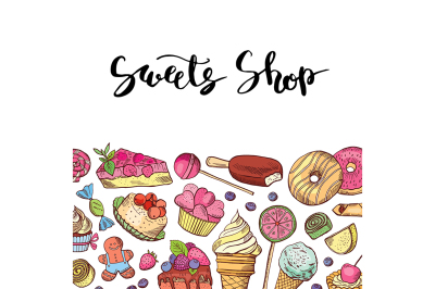 Vector hand drawn colored sweets shop or confectionary